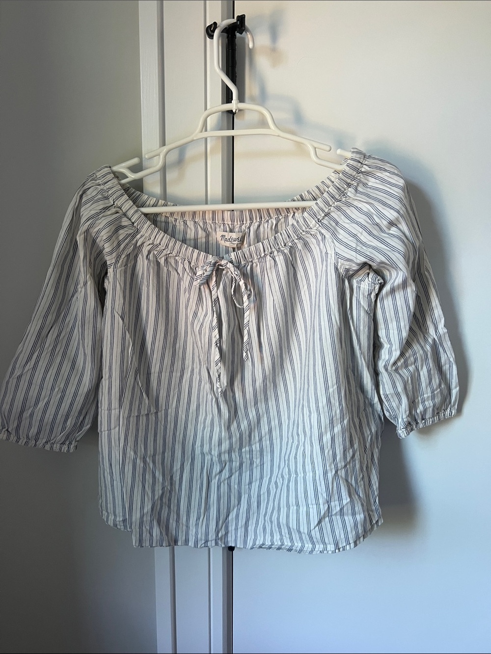 Madewell Blue and White Striped Off-Shoulder Peasant Top